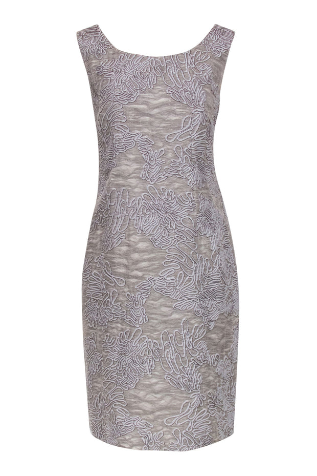 Current Boutique-Lafayette 148 - Grey Sleeveless Squiggle Pattern Sheath Dress Sz 12