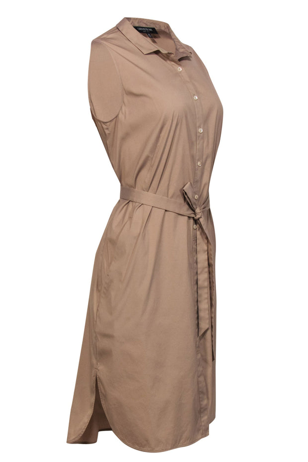 Current Boutique-Lafayette 148 - Khaki Cotton Blend Sleeveless Shirt Dress Sz 12