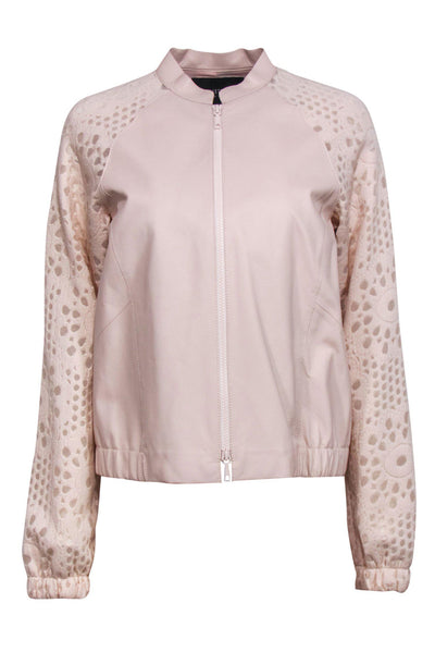 Current Boutique-Lafayette 148 - Light Pink Leather Jacket w/ Floral Mesh Sleeves Sz M