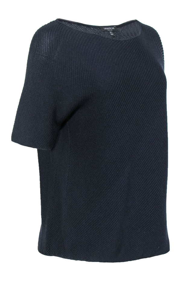 Current Boutique-Lafayette 148 - Navy Ribbed Cotton & Silk Wide Neck Sweater Sz M