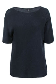 Current Boutique-Lafayette 148 - Navy Ribbed Cotton & Silk Wide Neck Sweater Sz M