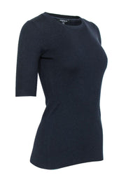 Current Boutique-Lafayette 148 - Navy Ribbed Knit Short Sleeve Top Sz P