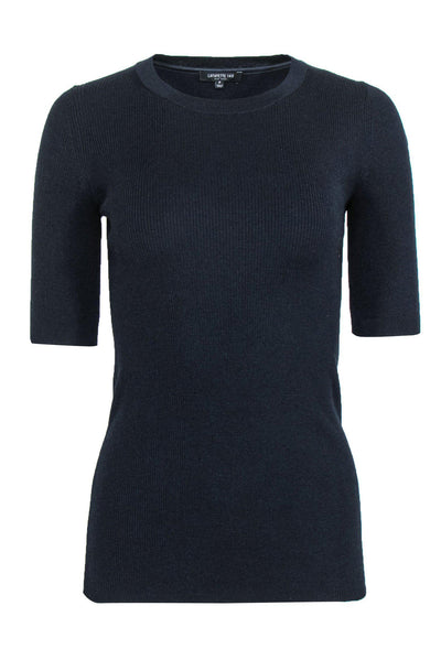 Current Boutique-Lafayette 148 - Navy Ribbed Knit Short Sleeve Top Sz P