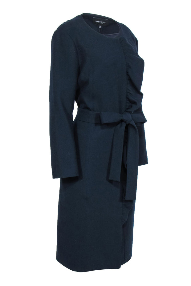 Current Boutique-Lafayette 148 - Navy Ruffled Longline Belted Wool Coat Sz XL