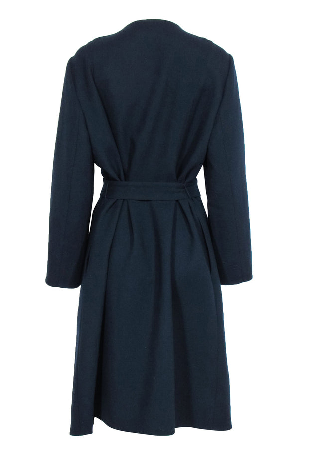 Current Boutique-Lafayette 148 - Navy Ruffled Longline Belted Wool Coat Sz XL