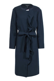 Current Boutique-Lafayette 148 - Navy Ruffled Longline Belted Wool Coat Sz XL