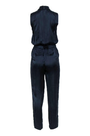 Current Boutique-Lafayette 148 - Navy Silk Satin Belted Slim Jumpsuit Sz P