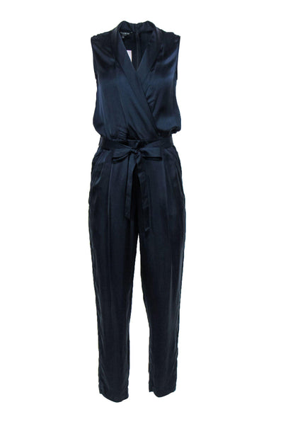 Current Boutique-Lafayette 148 - Navy Silk Satin Belted Slim Jumpsuit Sz P