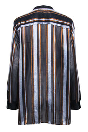 Current Boutique-Lafayette 148 - Navy, Silver & Copper Striped Satin Blouse Sz L