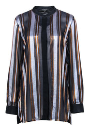 Current Boutique-Lafayette 148 - Navy, Silver & Copper Striped Satin Blouse Sz L