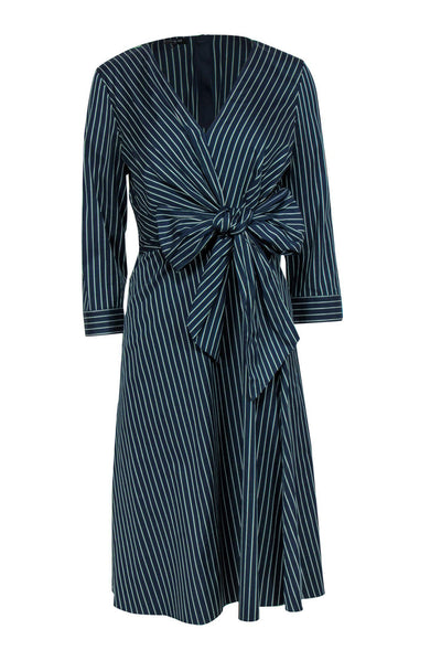 Current Boutique-Lafayette 148 - Navy Striped Side-Tie Cotton Dress Sz 8