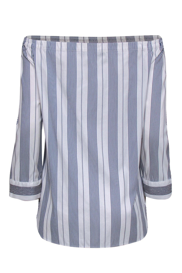 Current Boutique-Lafayette 148 - Navy & White Striped Off-the-Shoulder Tunic w/ Beaded Details Sz M