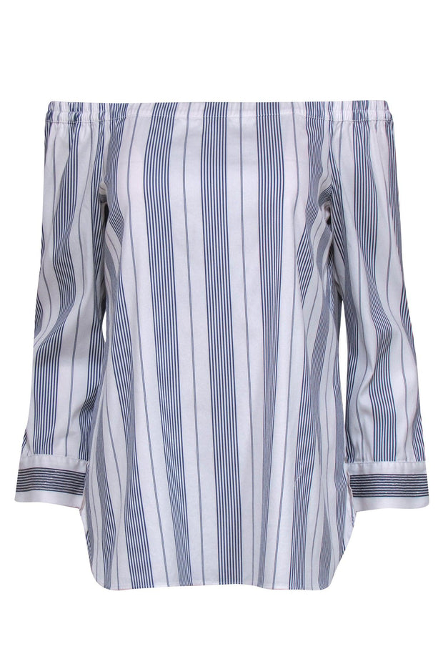 Current Boutique-Lafayette 148 - Navy & White Striped Off-the-Shoulder Tunic w/ Beaded Details Sz M