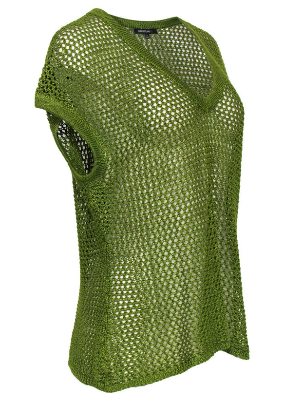 Current Boutique-Lafayette 148 - Nepeta Green Open Knit Sleeveless Sweater Sz L