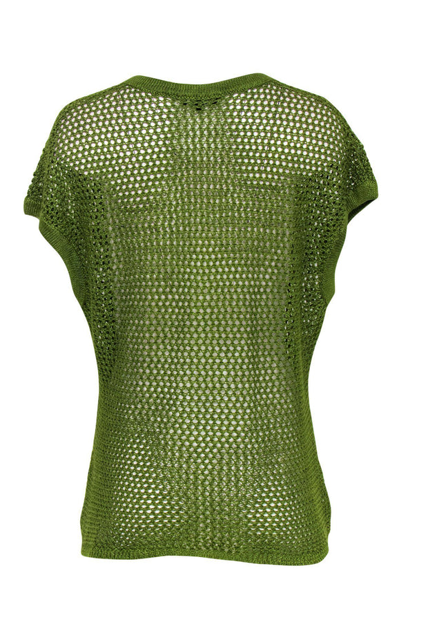 Current Boutique-Lafayette 148 - Nepeta Green Open Knit Sleeveless Sweater Sz L