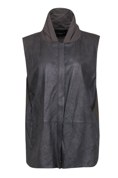 Current Boutique-Lafayette 148 - Olive Crinkled Zip-Up Vest w/ Leather Front Sz XL