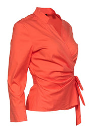 Current Boutique-Lafayette 148 - Orange Cotton Blend Long Sleeve Wrap Blouse Sz 6