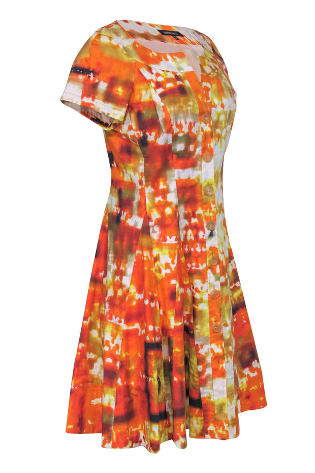 Current Boutique-Lafayette 148 - Orange & White Marbled Button-Front Short Sleeve Dress Sz 8