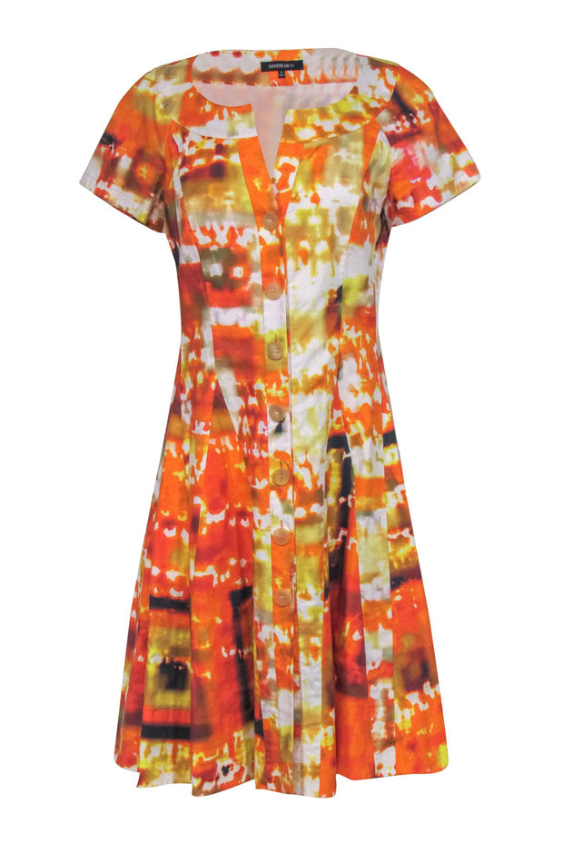 Current Boutique-Lafayette 148 - Orange & White Marbled Button-Front Short Sleeve Dress Sz 8