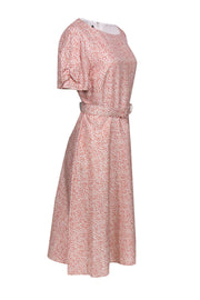 Current Boutique-Lafayette 148 - Pink & White Spotted Puff Sleeve Belted Silk Midi Dress Sz 12