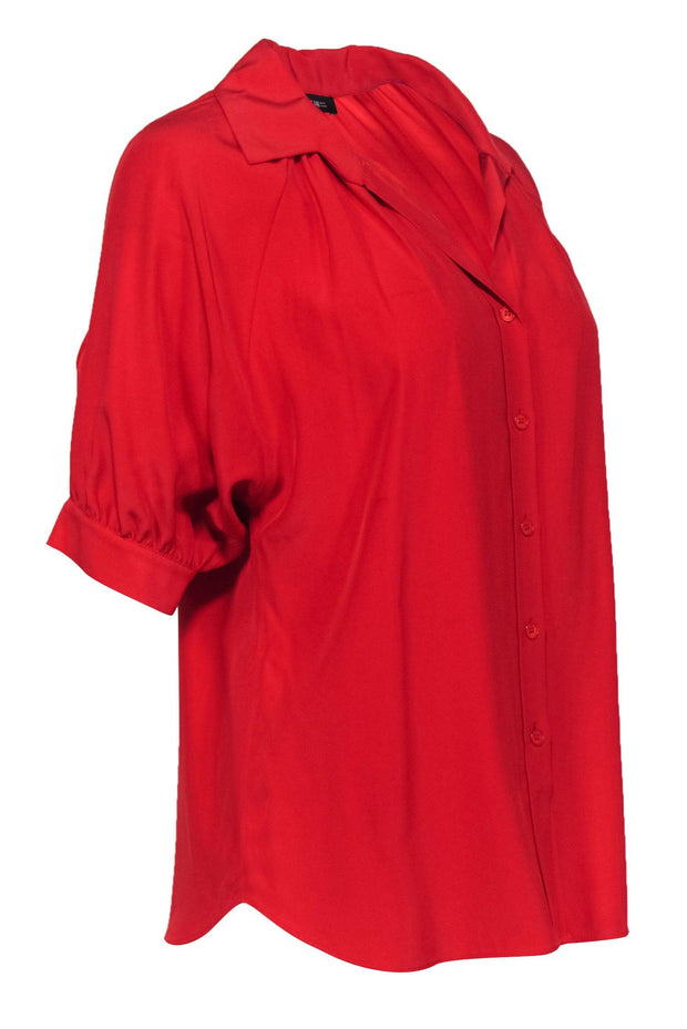 Current Boutique-Lafayette 148 - Red Silk Short Dolman Sleeve Collared Blouse Sz 4