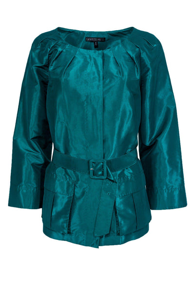 Current Boutique-Lafayette 148 - Teal Satin Silk Jacket w/ Belt Sz 14