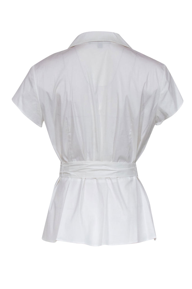 Current Boutique-Lafayette 148 - White Cotton Blend Tie Waist Peplum Blouse Sz 10