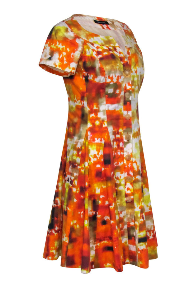 Current Boutique-Lafayette 148 - Yellow & Orange Marbled Cotton Button-Front Dress Sz 4