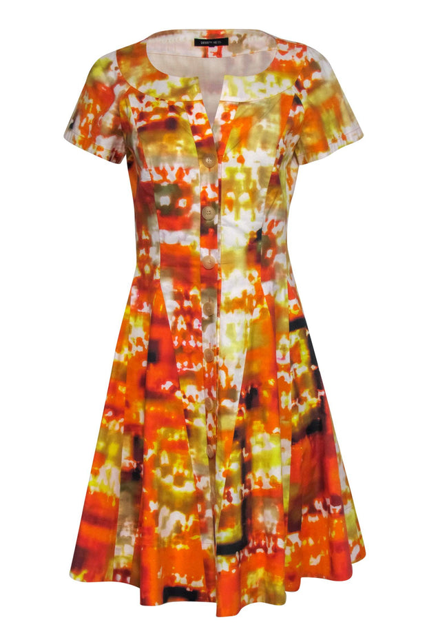 Current Boutique-Lafayette 148 - Yellow & Orange Marbled Cotton Button-Front Dress Sz 4