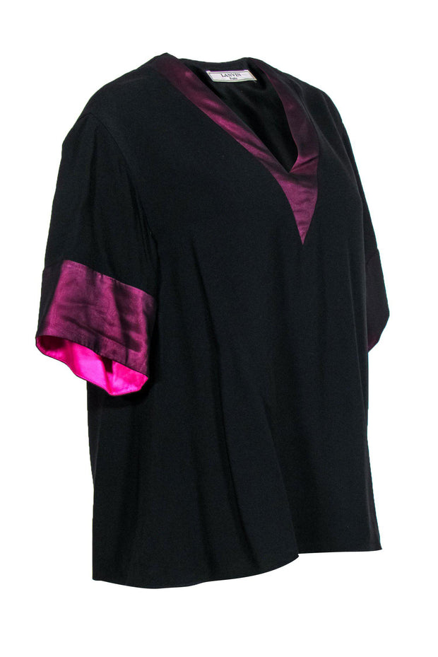 Current Boutique-Lanvin - Black Short Sleeved Blouse w/ Fuchsia Banding Sz L