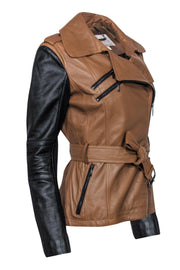 Current Boutique-Laundry by Shelli Segal - Brown & Black Belted Moto-Style Leather Jacket Sz S