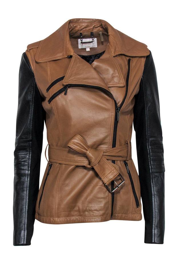 Current Boutique-Laundry by Shelli Segal - Brown & Black Belted Moto-Style Leather Jacket Sz S