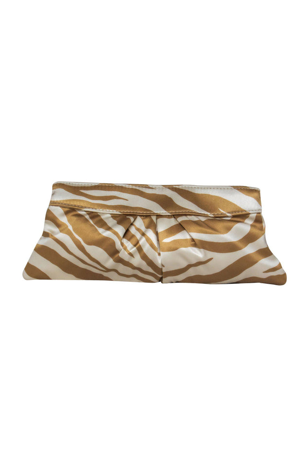 Current Boutique-Lauren Merkin - Tan & Cream Satin Zebra Print Clutch