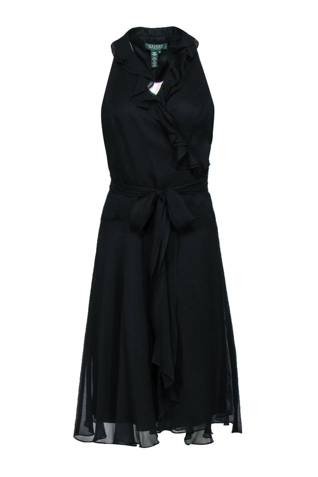 Current Boutique-Lauren Ralph Lauren - Black Silk Midi Wrap Dress w/ Ruffles Sz 10