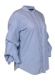 Current Boutique-Lauren Ralph Lauren - Blue & White Striped Button-Up Ruched Sleeve Cotton Blouse Sz L