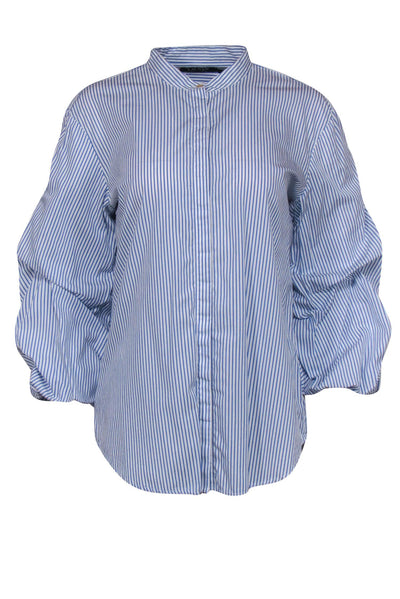 Current Boutique-Lauren Ralph Lauren - Blue & White Striped Button-Up Ruched Sleeve Cotton Blouse Sz L