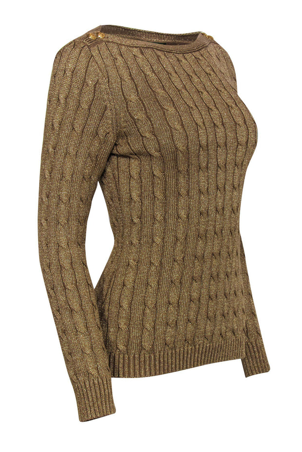 Current Boutique-Lauren Ralph Lauren - Gold Metallic Cable Knit Sweater w/ Buttons Sz MP