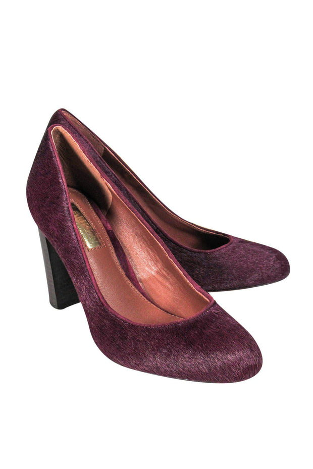 Current Boutique-Lauren Ralph Lauren - Plum Calf Hair Stacked Heel Pumps Sz 6.5