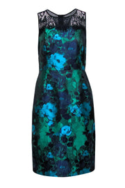 Current Boutique-Leifsdottir - Green, Blue & Purple Floral Satin Sheath Dress w/ Lace Trim Sz 10