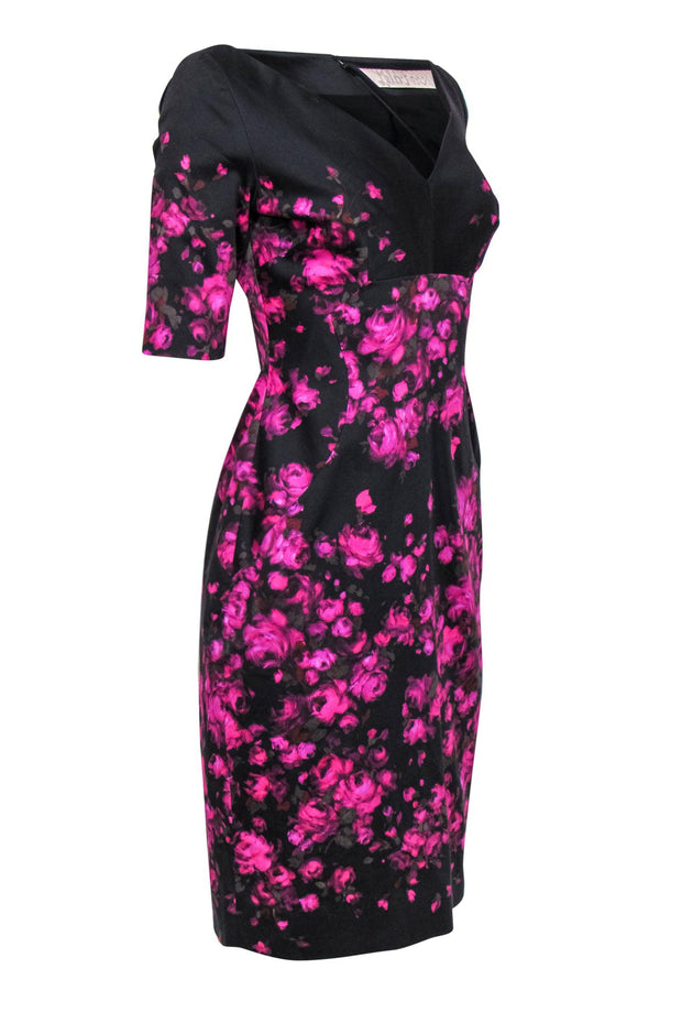 Current Boutique-Lela Rose - Black & Purple Floral Print Short Sleeve Midi Dress Sz 8