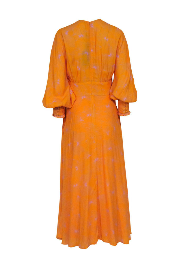 Current Boutique-Lela Rose - Mustard & Lilac Butterfly Print Long Sleeve Button-Up Maxi Dress Sz 6