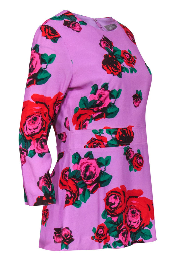 Current Boutique-Lela Rose - Purple & Red Rose Print Peplum Blouse Sz 6