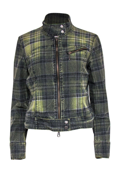 Current Boutique-Les Copains - Green Plaid Zip-Up Denim Jacket Sz 8