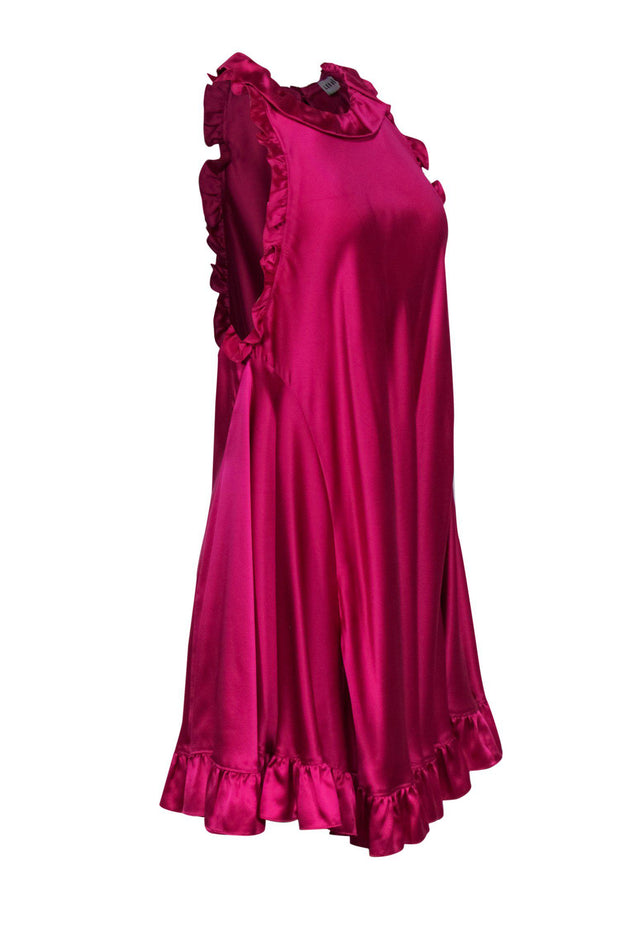 Current Boutique-Les Reveries - Saturated Pink Silk Shift Dress w/ Ruffle Hem Sz 6