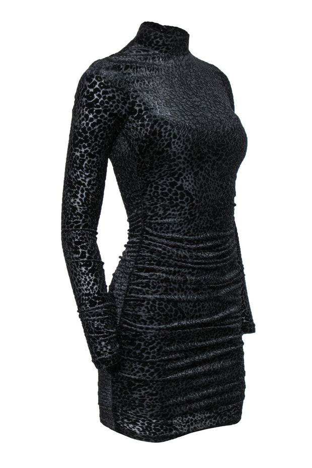 Current Boutique-Likely - Black Velvet Leopard Embossed Ruched Long Sleeve Bodycon Dress Sz 0