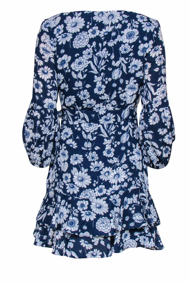 Current Boutique-Likely - Navy & White Floral Faux Wrap Dress w/ Ruffle Hem Sz 4