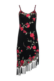 Current Boutique-Lillie Rubin - Black & Red Floral Embroidered Silk Dress w/ Asymmetrical Hem & Tassels Sz 4