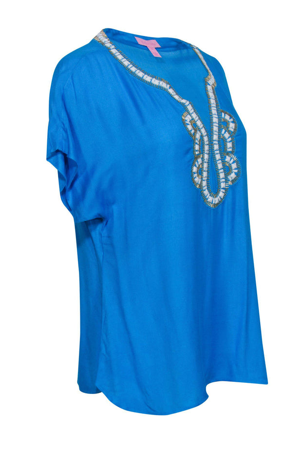 Current Boutique-Lilly Pulitzer - Blue Beaded Notch Neckline Top Sz M