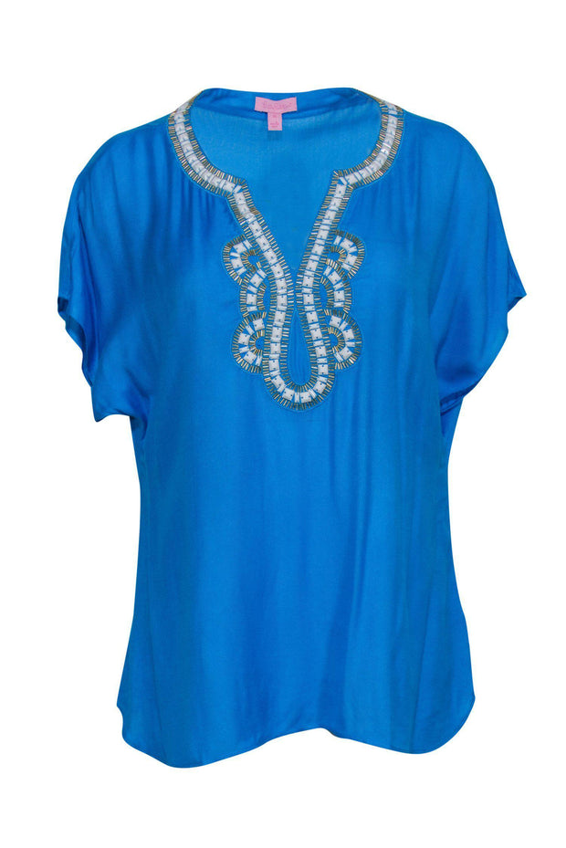 Current Boutique-Lilly Pulitzer - Blue Beaded Notch Neckline Top Sz M