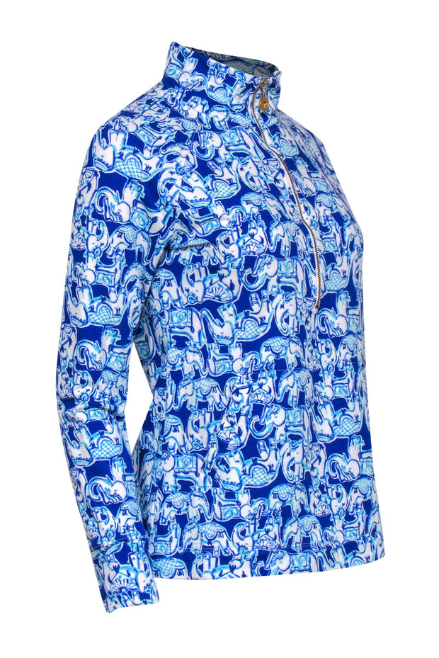 Current Boutique-Lilly Pulitzer - Blue Elephant Print Half Zip Pullover Sz S